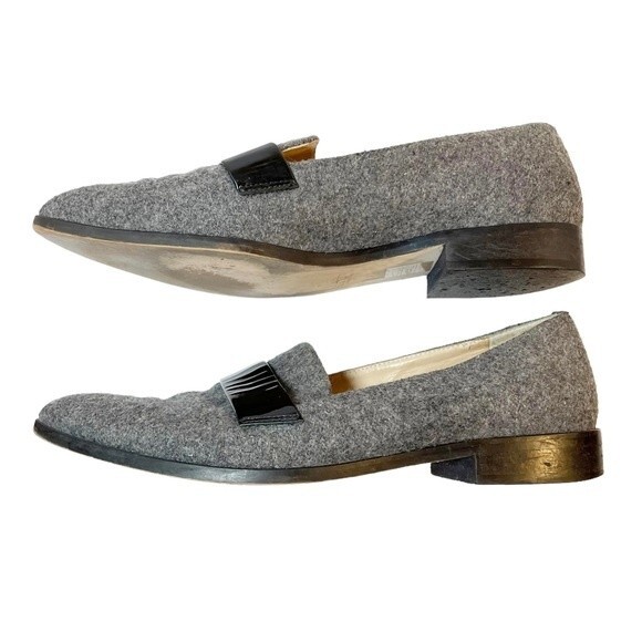 J. Crew Flats Gray Felted Wool Black Patent Leather Loafers Womens Size 8 Preppy - Picture 7 of 14